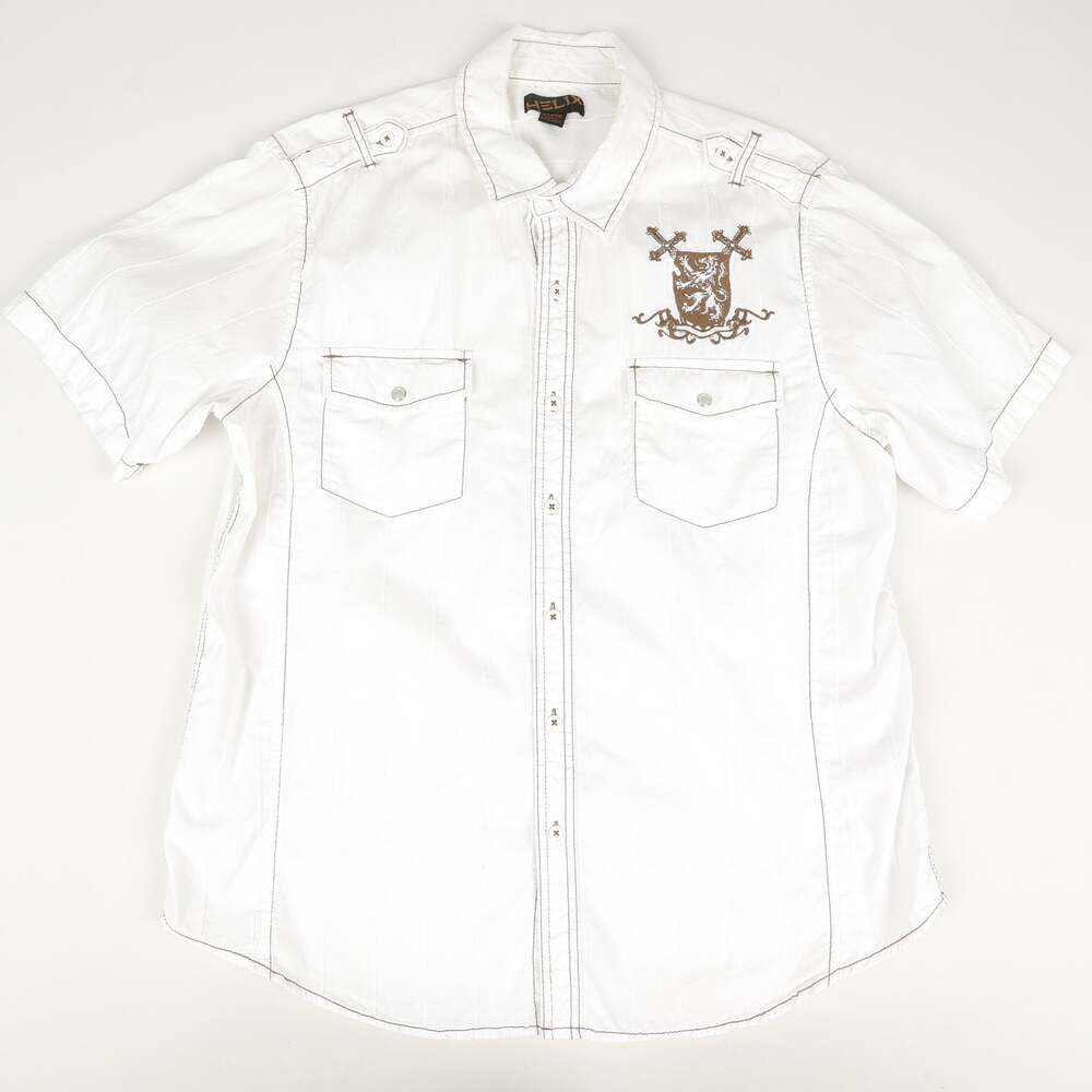 Helix Mens XL Button Down Utility Short Sleeve Shirt Heraldic Crest Y2K Lion